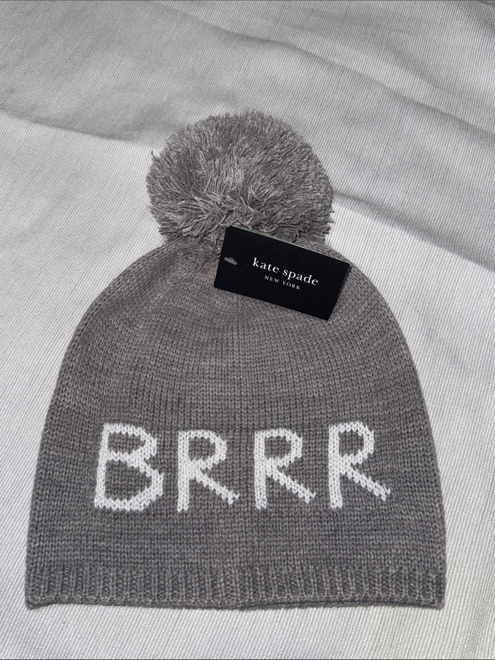 NWT Kate Spade BRRR Gray Metallic Knit Pom Pom Beanie Hat OS